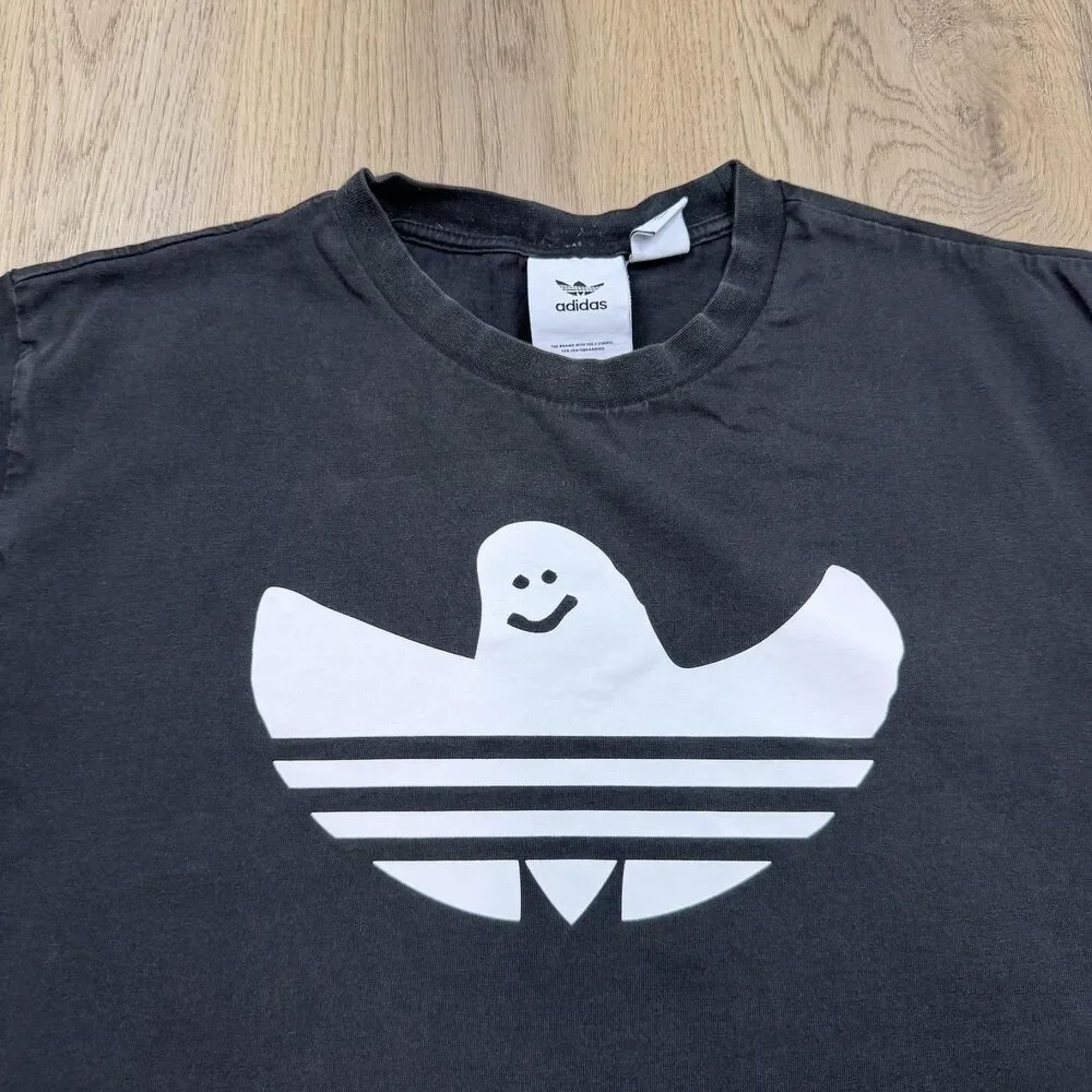 Adidas Shirt Mens Medium Black Ghost Trefoil Graphic Halloween Skateboarding Tee